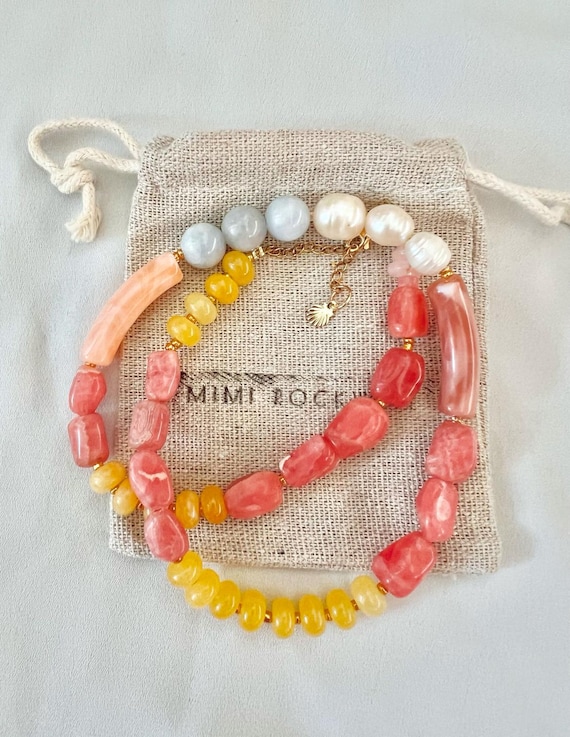 Pearl gemstone glass beaded red yellow light blue necklace