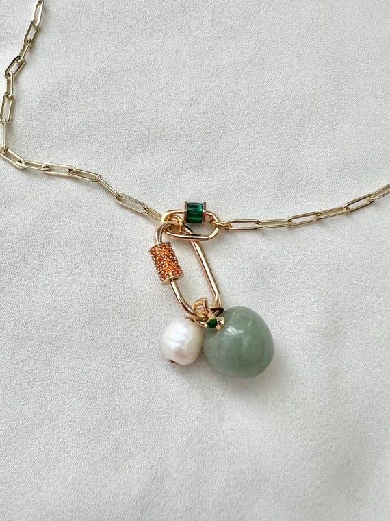 Gemstone green apple pearl Cubic Zirconia carabiner lock necklace