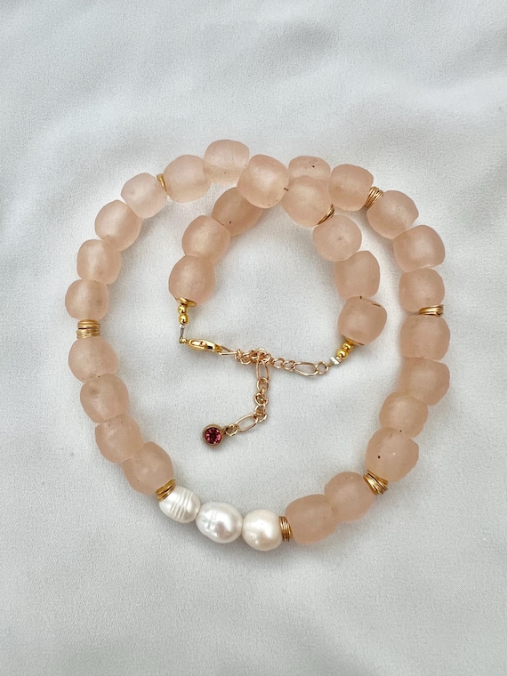 Recycled pale pink African glass bead Freshwater pearl gold necklace