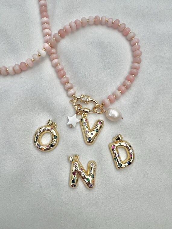 Custom gold Zircon bubble letter pearl carabiner lock Pink Opal beaded gold necklace