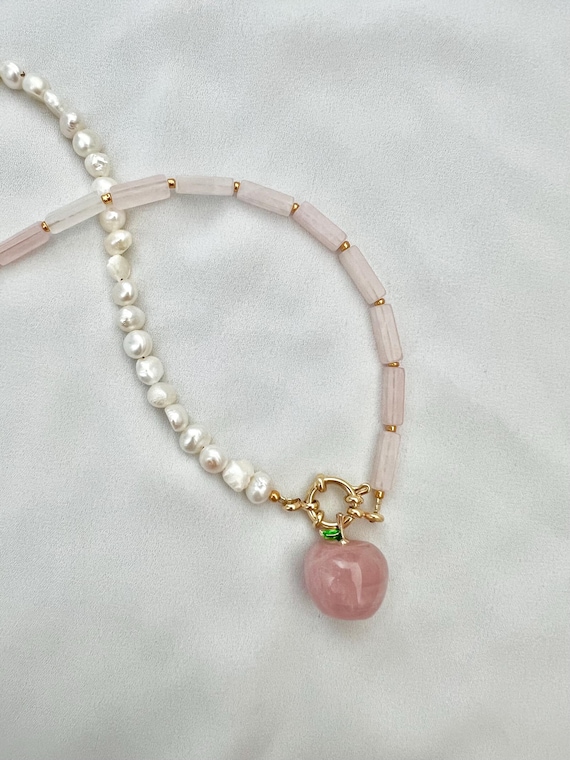 Pearl and Rose Quartz apple pendant and bead gold necklace