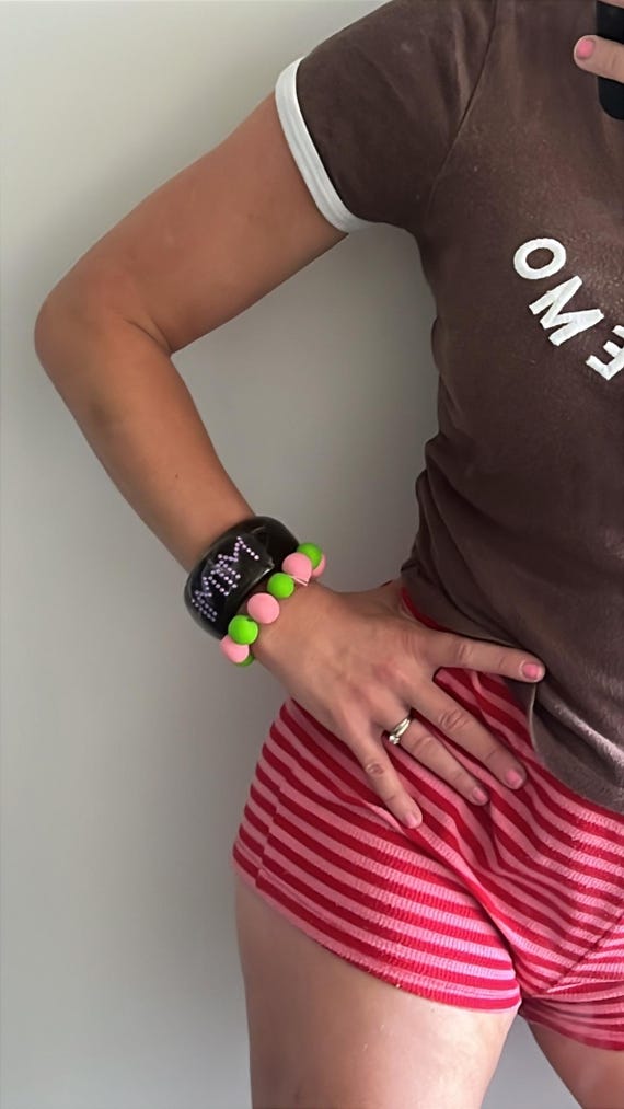 Pink green large handmade bead bracelet