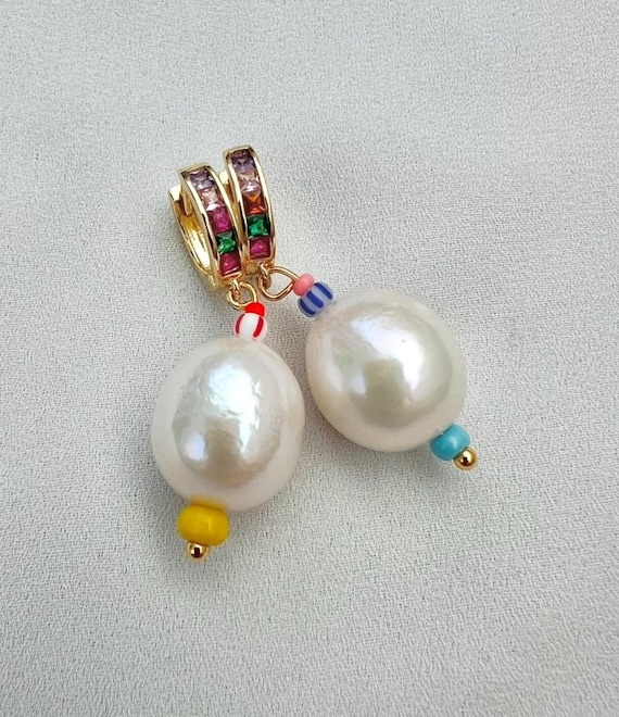 Fun chunky Baroque pearl multicoloured Cubic Zirconia stone gold hoop earrings