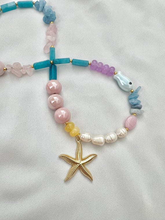 Starfish freshwater pearl Rose Quartz blue Jade Aquamarine beaded gold necklace