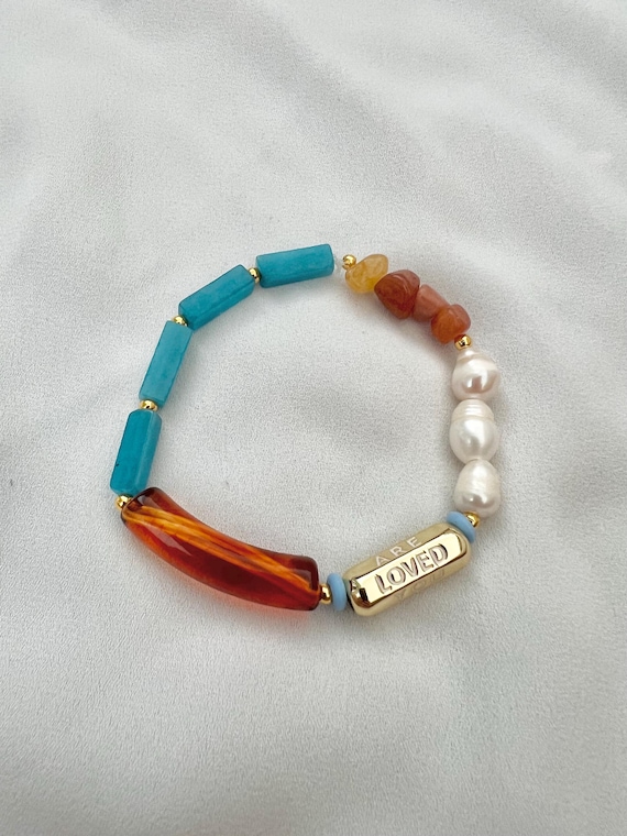 You are loved gold charm pearl Jade Aventurine gemstone bead bracelet