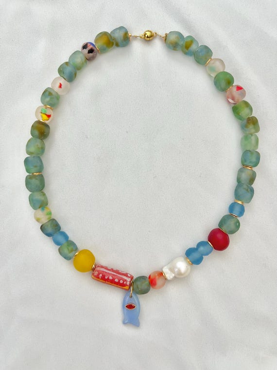 Baroque pearl recycled African glass fish pendant magnetic lock gold necklace