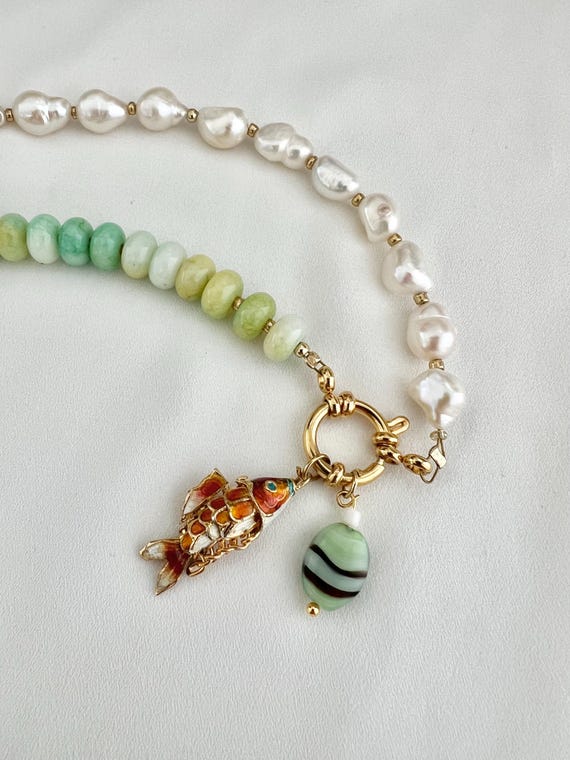 Freshwater pearl light green glass beaded gold Cloisonne fish pendant gold necklace