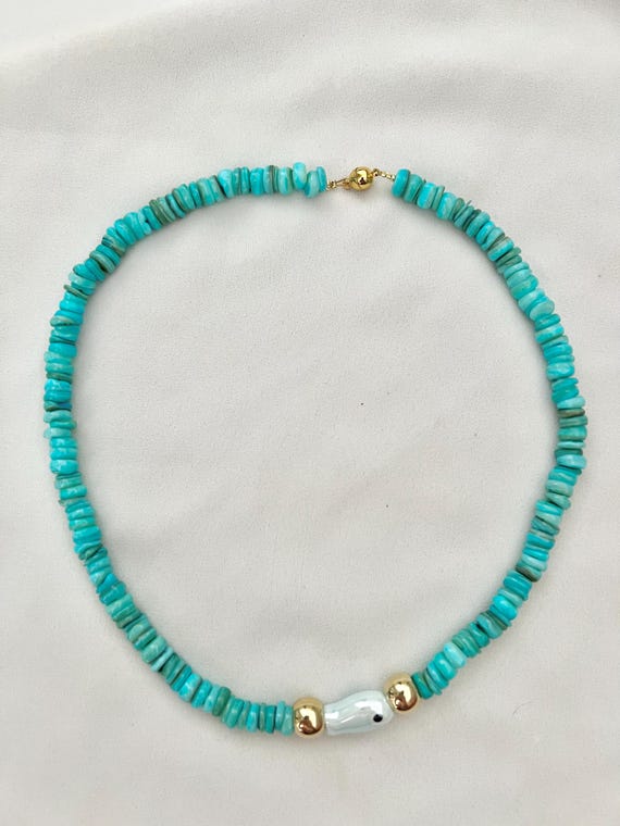 Light blue fish gold turquoise Freshwater shell bead necklace