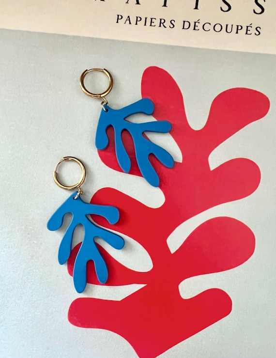 Blue cut out art inspired gold hoop earrings