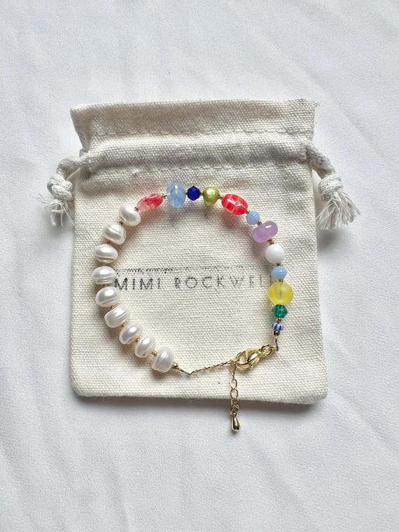 Baroque freshwater pearl multicoloured glass bead gold bracelet