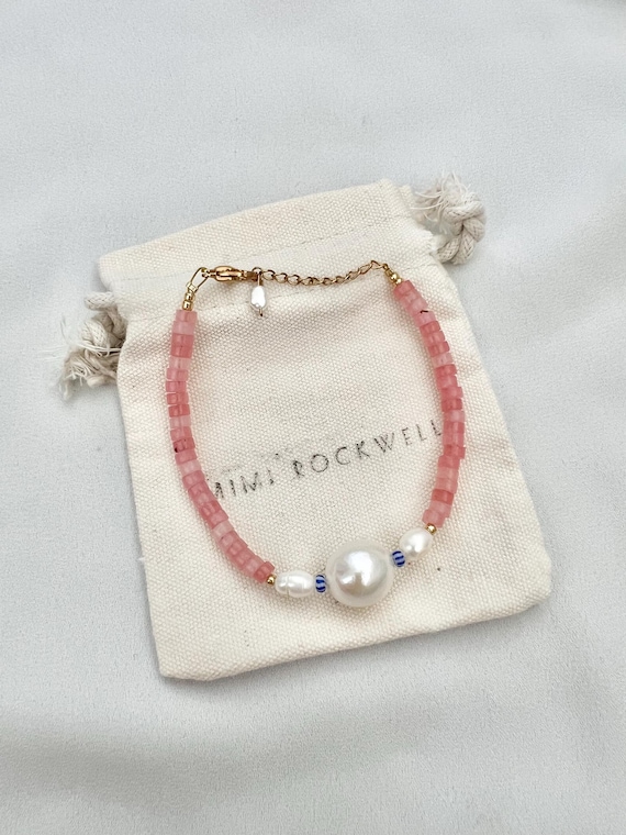 Large near round Baroque pearl rose quartz beaded gold bracelet