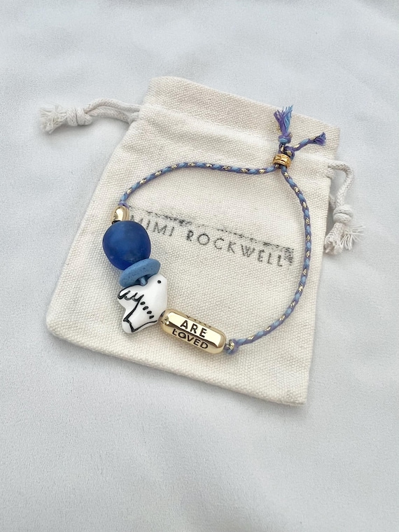 Recycled African glass bead You are loved pendant blue string gold bracelet