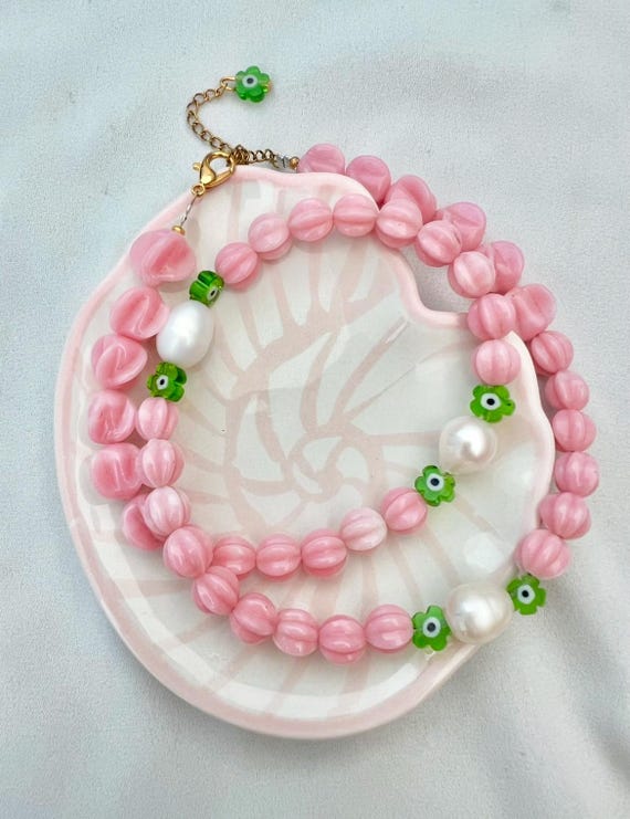 Pearl green flower evil eye pink vintage glass bead necklace