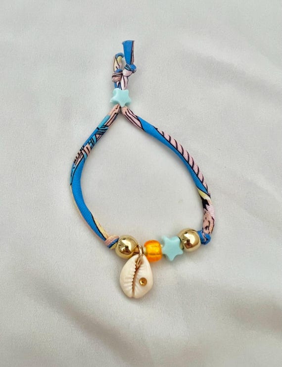 Shell blue star blue yellow recycled scarf string bracelet