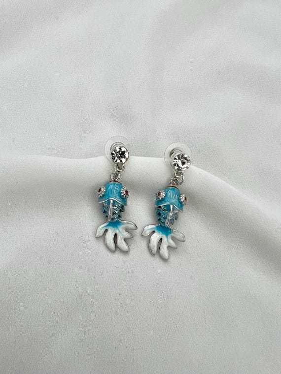 Light blue silver Cloisonné Koi goldfish stud earrings