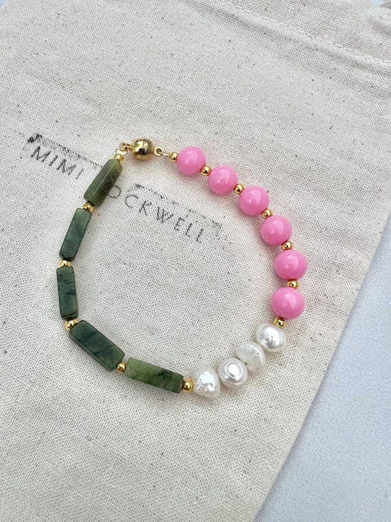 Green Jade Freshwater pearl pink bead magnetic lock bracelet