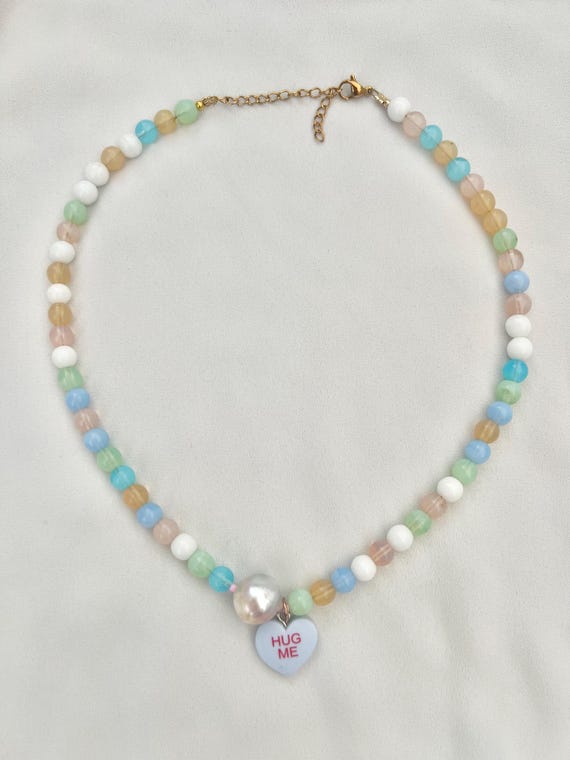 Hug me heart pearl candy glass bead necklace