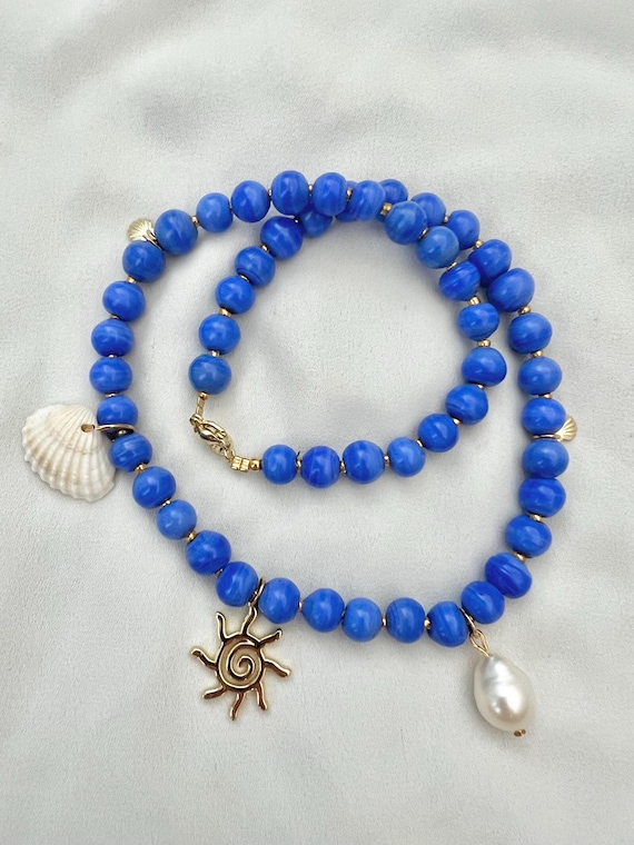 Cobalt blue glass bead golden sun pearl shell bead necklace