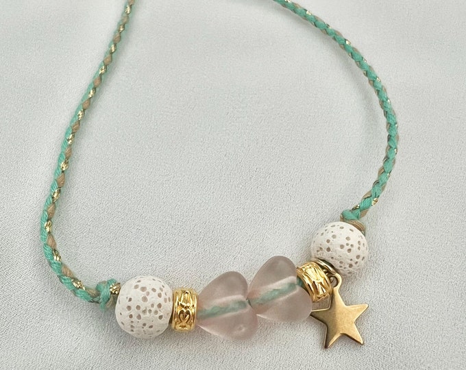 Lava stone star heart green string adjustable bracelet