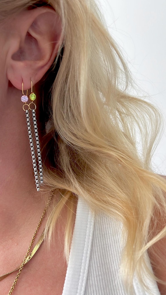 Pink Zircon stone stainless steel chain dangle earrings