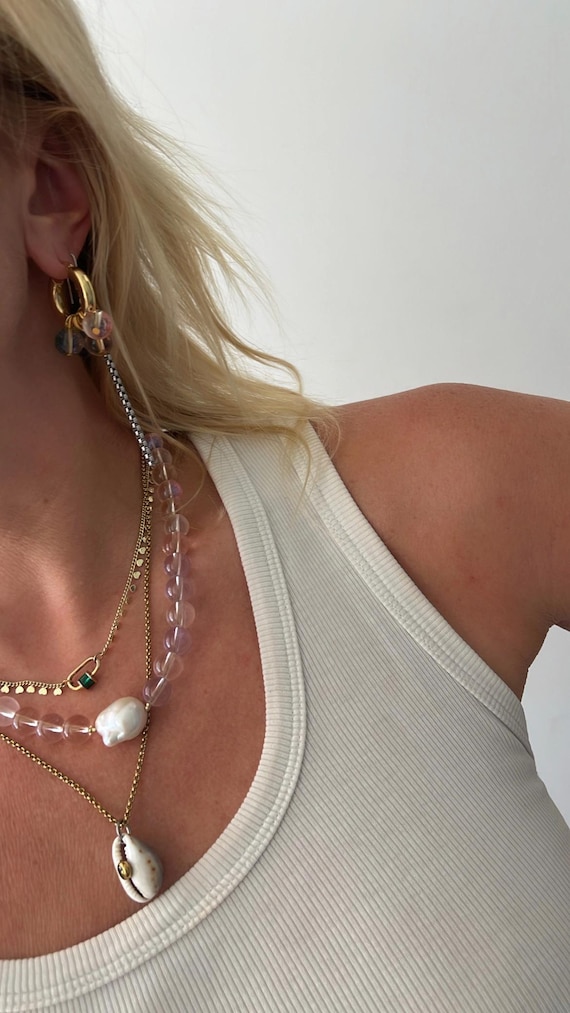 Light pink glass bead Baroque pearl necklace