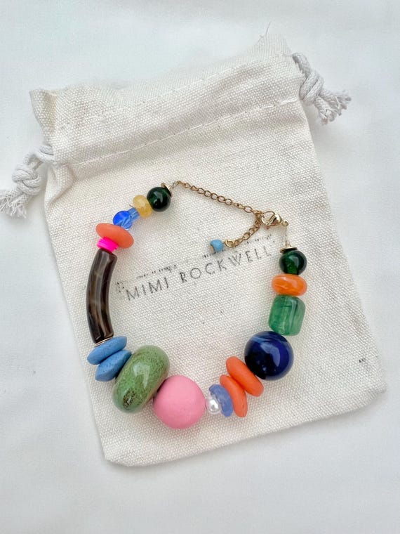 Chunky stone glass ceramic acrylic bead mix gold bracelet