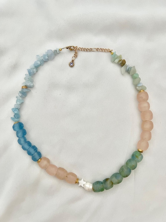 Recycled glass bead pearl gemstone gold necklace