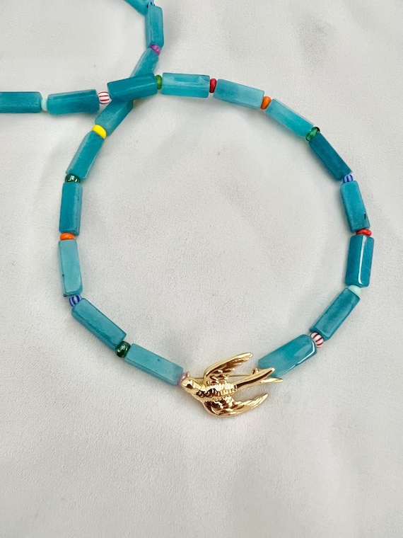 Gold swallow blue Jade bead gemstone necklace