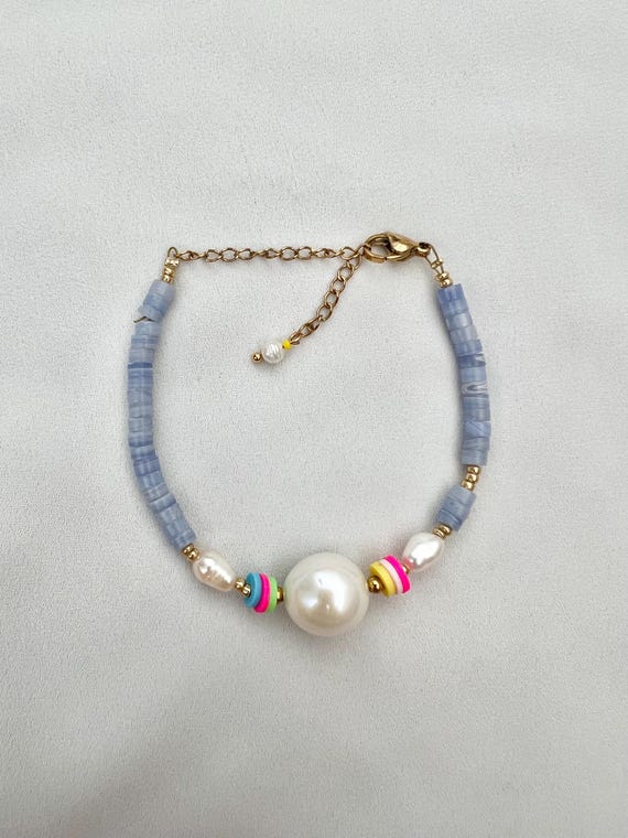 Large near round Baroque pearl Aquamarine beaded gold bracelet