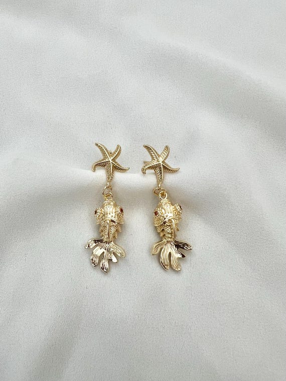 Gold Cloisonné Koi goldfish starfish stud dangle drop earrings