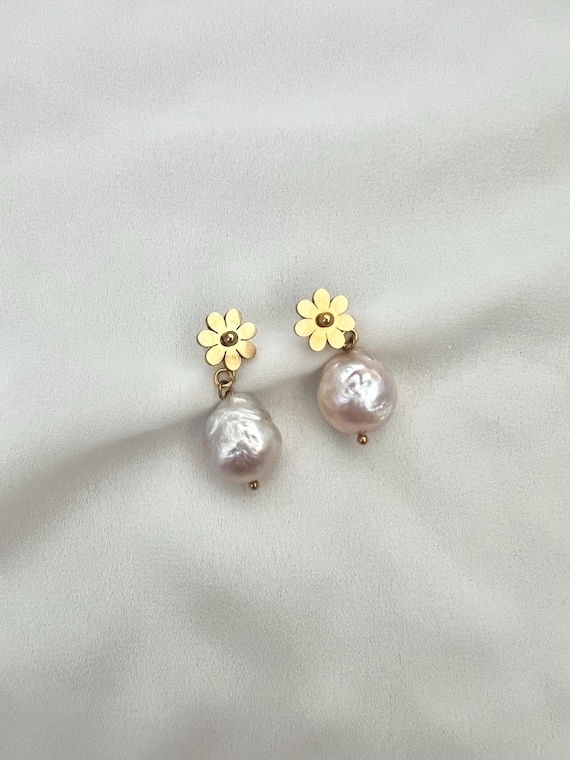 Gold flower chunky Baroque pearl stud earrings