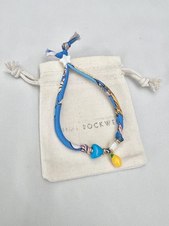 Blue yellow recycled scarf string pearl lemon bead bracelet