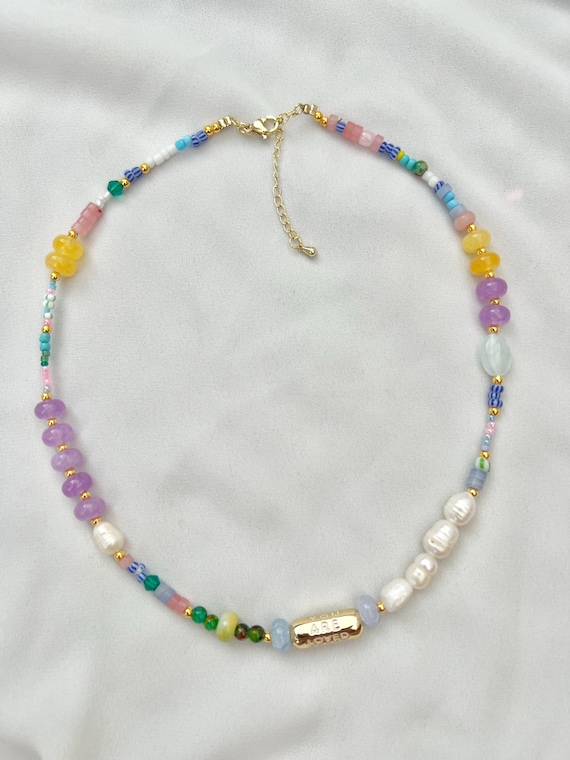 You are loved charm Freshwater pearl glass beaded gold necklace