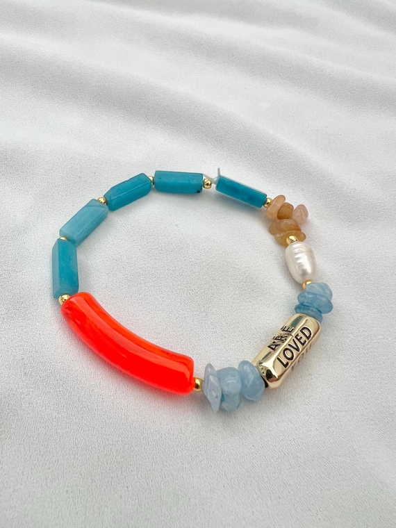 You are loved gold charm black writing pearl gemstone bead bracelet