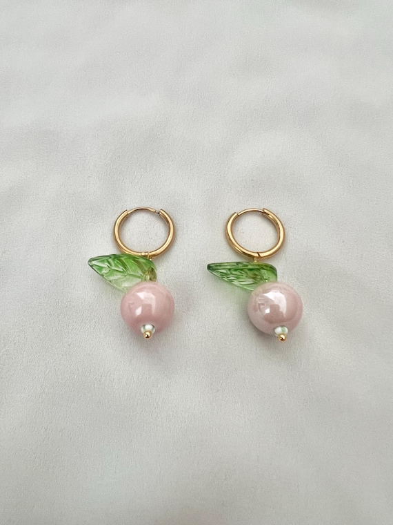 Pink berry leaf gold hoop earrings