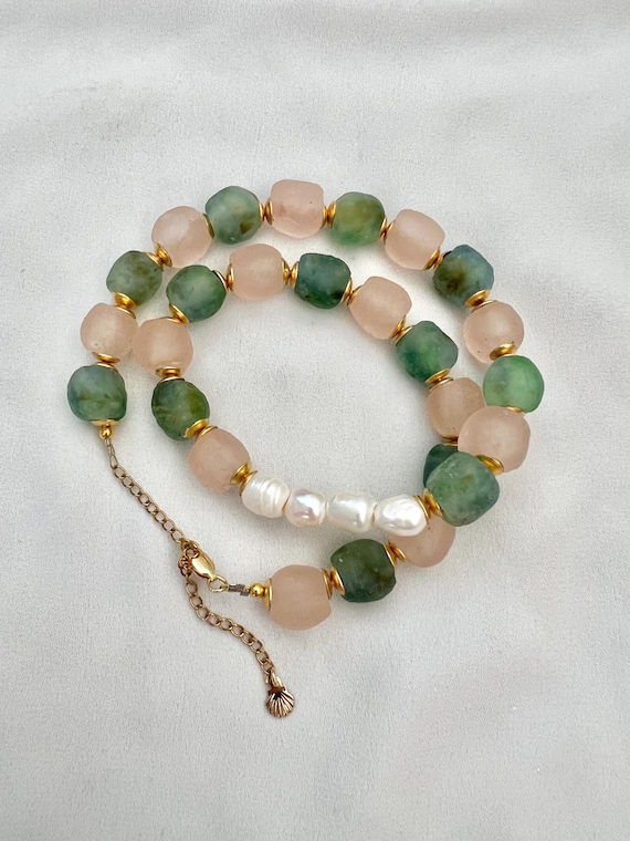 Recycled ocean green and pale pink African glass bead Freshwater pearl gold necklace