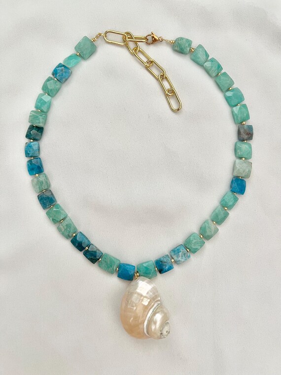 Large white shell Apatite and Amazonite crystal beaded necklace