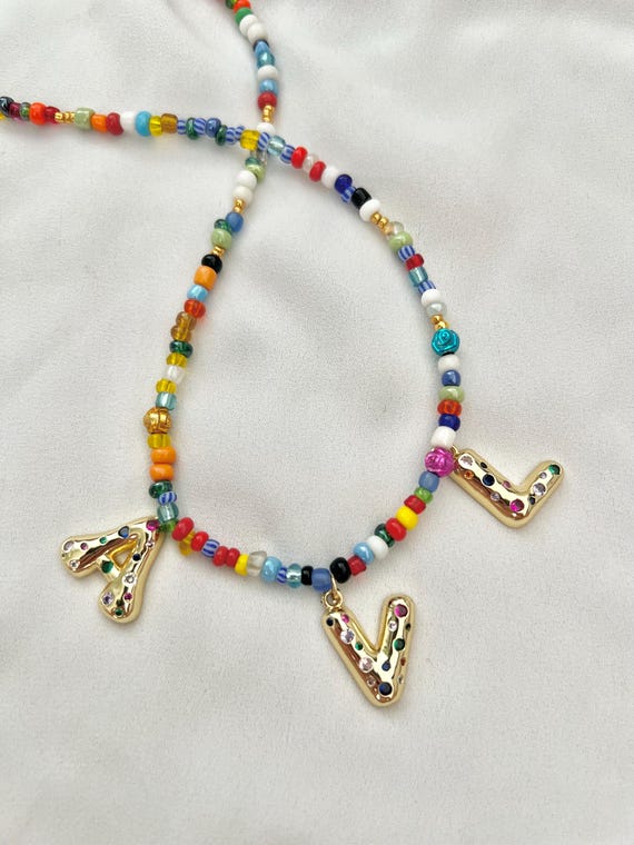 Custom bubble letter multicoloured glass seed bead gold necklace