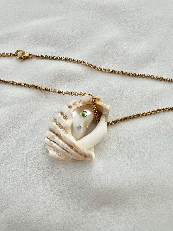 Baroque pearl in shell long gold chain necklace