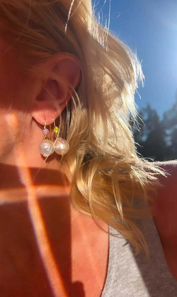 Large near round Baroque pearl pink Zircon gold earrings