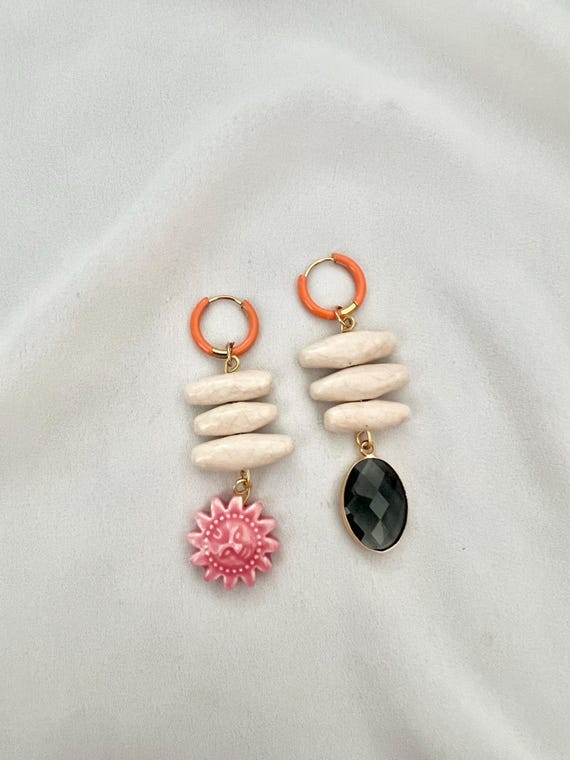 Mismatched glass ceramic pink sun bead earrings