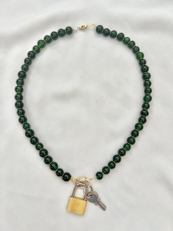 Green glass beaded gold lock key necklace