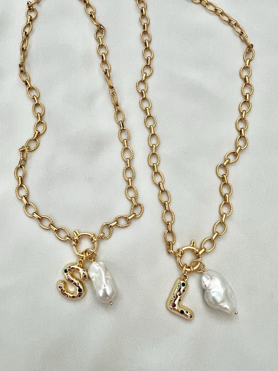 Chunky gold chain Baroque pearl custom bubble letter necklace