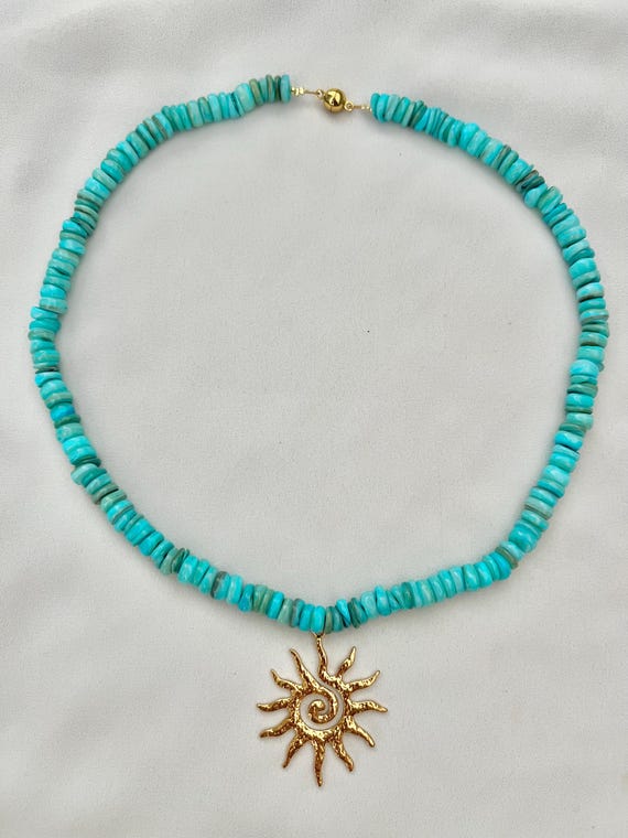 Celestial sun pendant shell turquoise Freshwater shell bead necklace