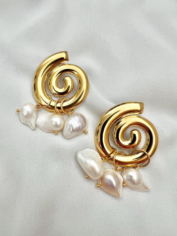 Pearl gold spiral large stud gold earrings