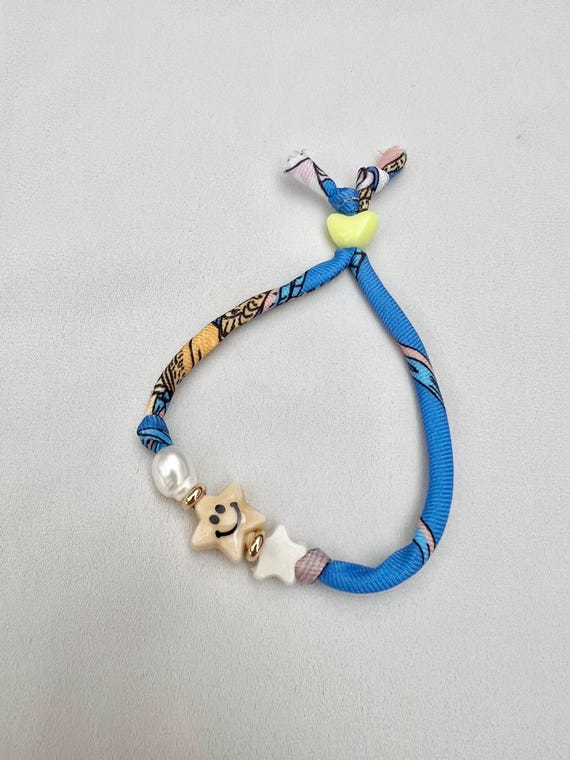 Blue yellow recycled scarf string pearl happy star bead bracelet