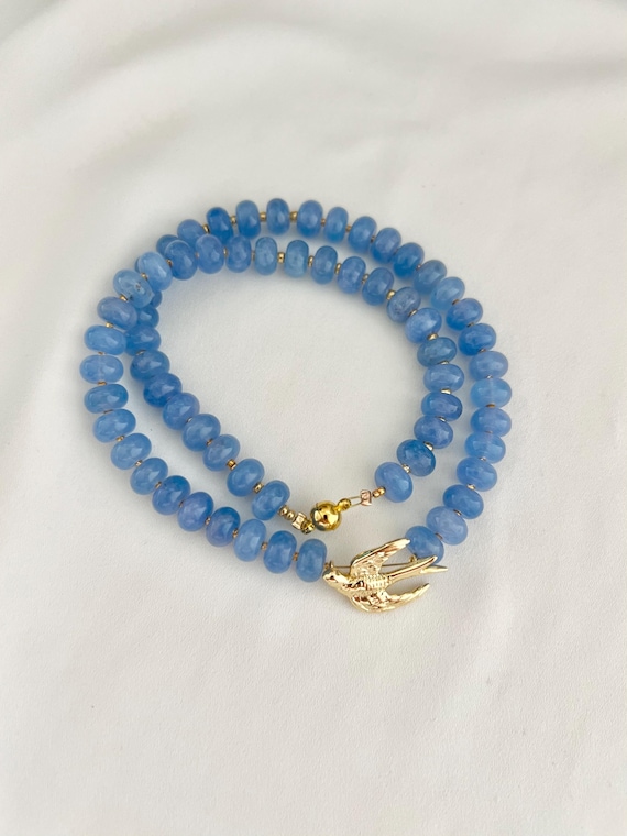 Aquamarine crystal gold swallow pendant beaded necklace