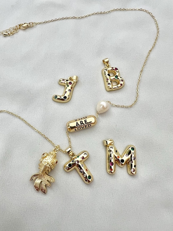 Golden Cloisonné goldfish custom Cubic Zirconia bubble letter You are loved pendant pearl gold necklace