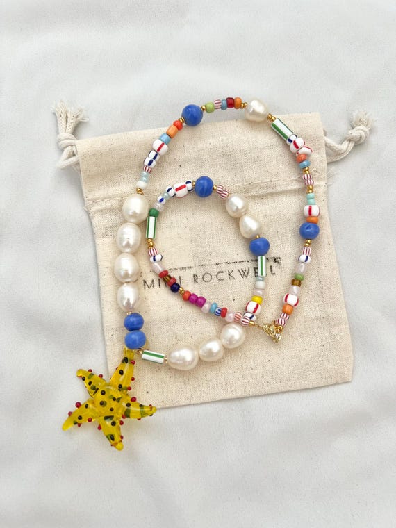 Yellow glass starfish Baroque freshwater pearl multicoloured glass bead gold necklace