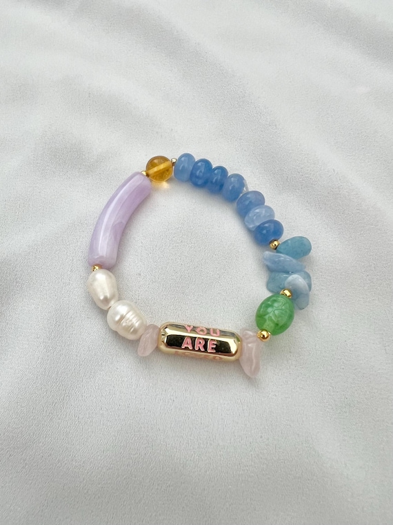 You are loved gold charm pearl gemstone blue glass bead bracelet